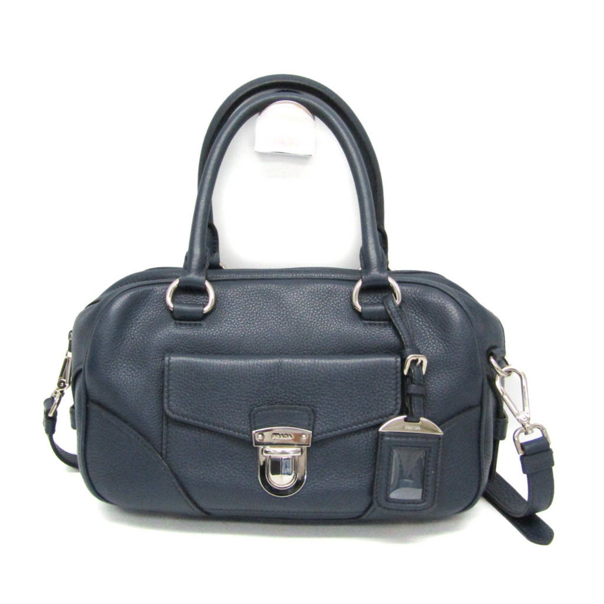 Prada Mini Boston Bag Women's Leather Handbag,shoulder Bag Navy in Blue