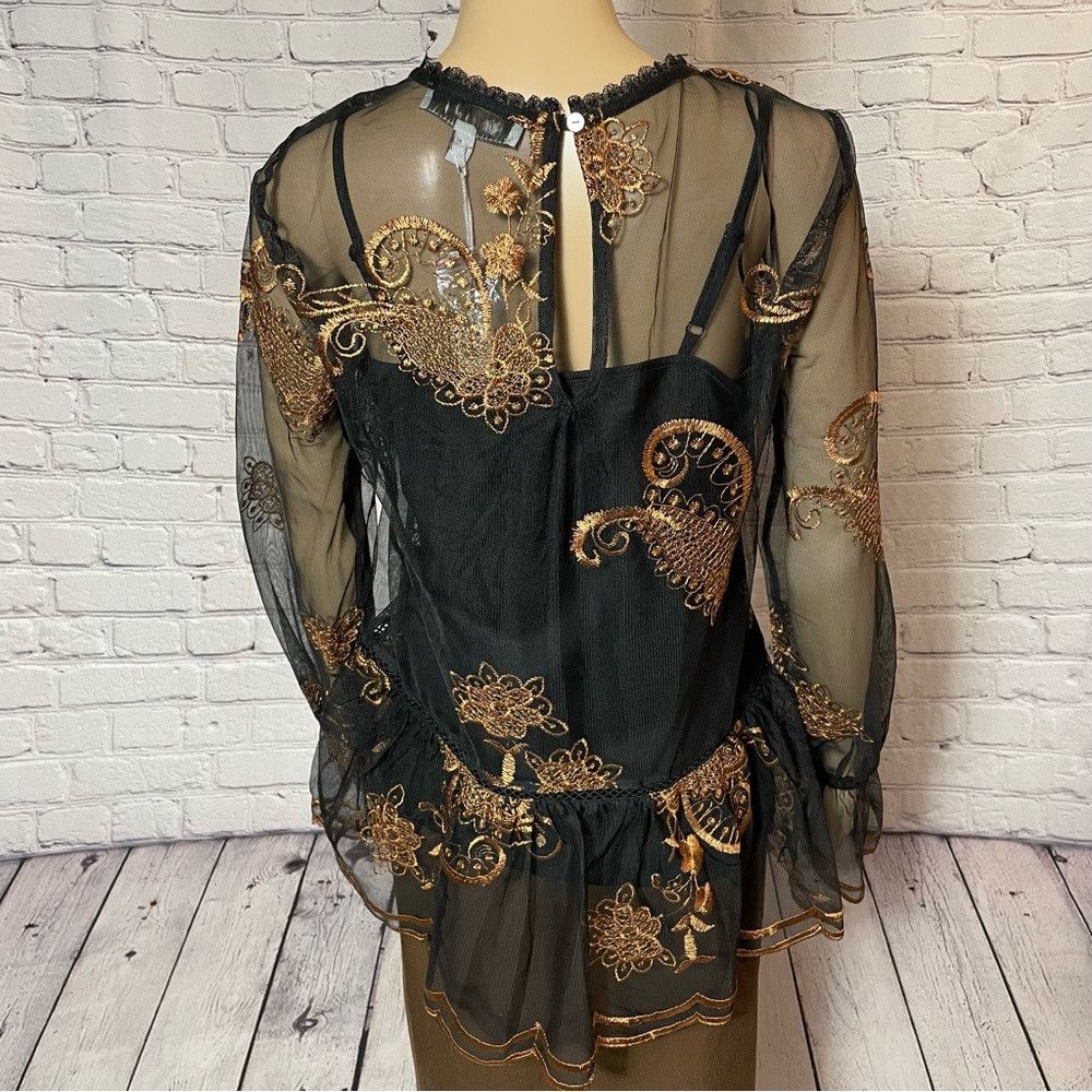 Other NWT New Fever Embroidered Mesh Long Sleeve Black Gold Top B Size XS / US 0-2 / IT 36-38 - 4 Thumbnail