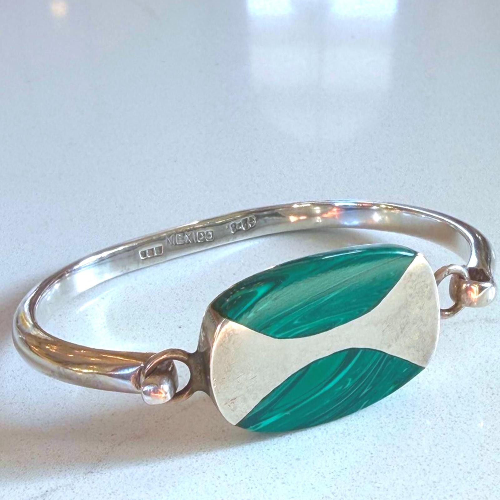 Other VTG TAXCO 925 Sterling Silver Malachite Hinged Bracelet Rare Size ONE SIZE - 1 Thumbnail