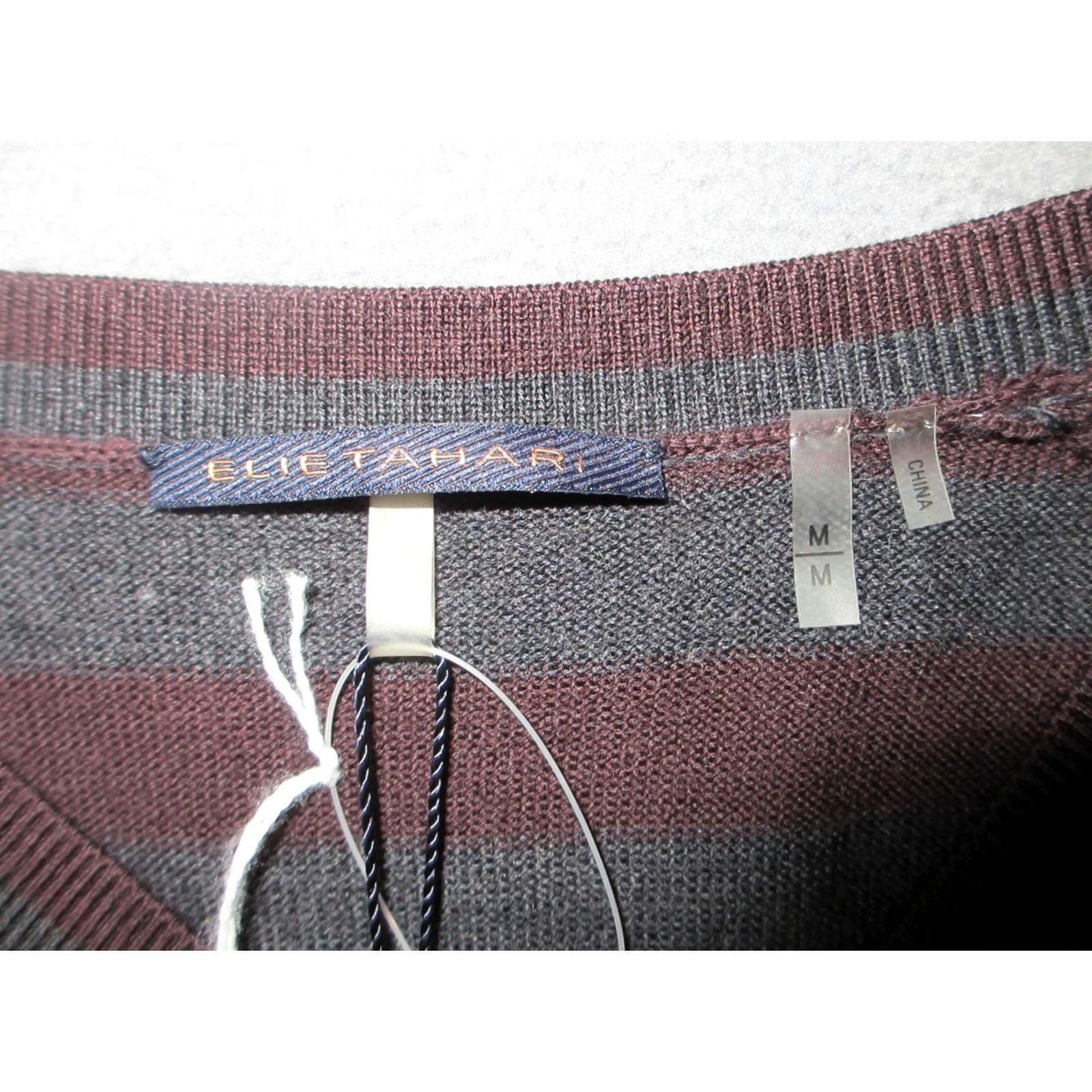 Elie Tahari Elie Tahari Benton Sweater Mens M Gray Maroon Striped Merino Wool V-Neck Pullover Knit Pattern Logo Long Sleeve Regular Fit Casual Winter Fall Mens Size US M / EU 48-50 / 2 - 6 Thumbnail