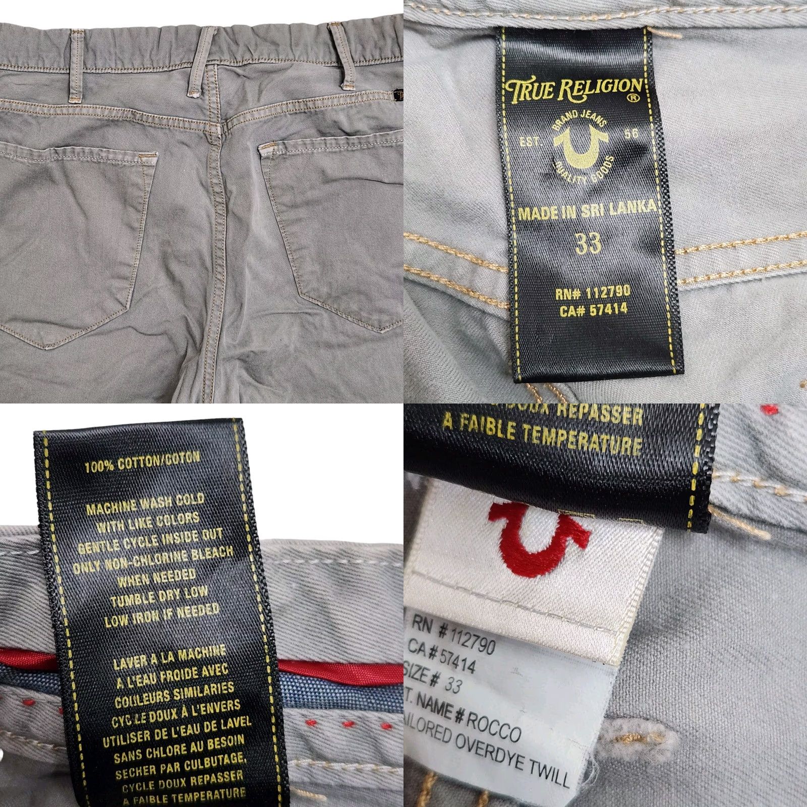 True Religion Rocco Tailored Overdye Twill Jeans Pants Gray Button Fly 33x32 Slim Men