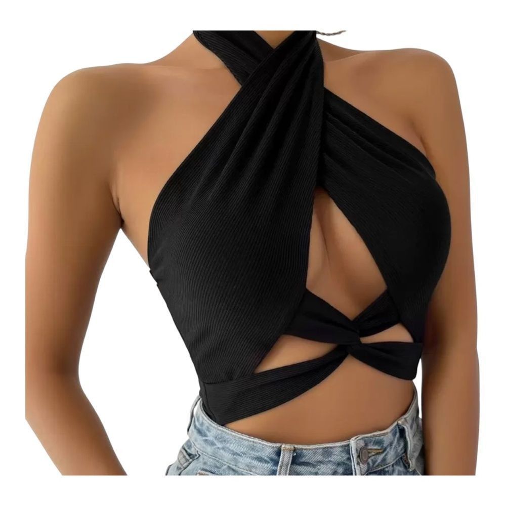 Shein SHEIN Black Twist Front Cut Out Crop Halter Top - Size S (NW Size S / US 4 / IT 40 - 2 Thumbnail