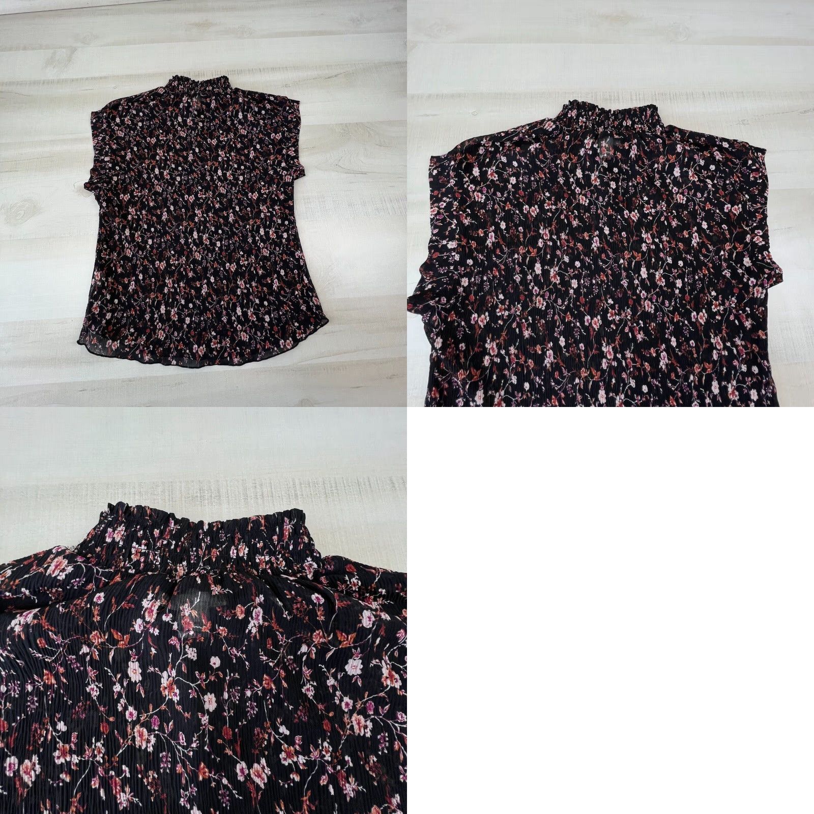 Vintage Monteau Womens Black Floral High Neck Short Sleeve Pleated Blouse Medium Size M / US 6-8 / IT 42-44 - 8 Thumbnail