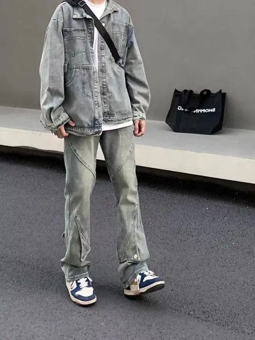 image of Vintage Washed Distressed Irregular Strappy Jeans in Blue, Men's (Size 32)