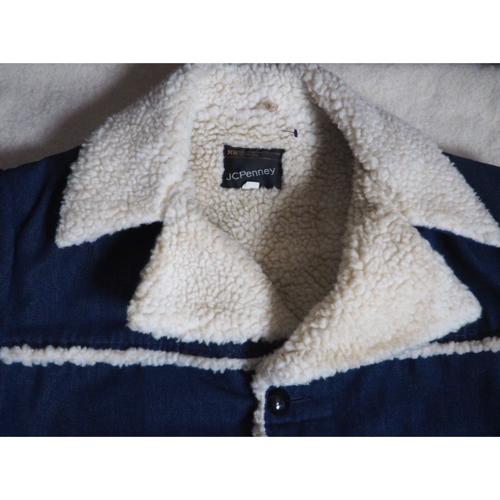 JCPenney VTG 70s Penneys Montgomery Blue White Denim Sherpa Western Ranch Coat Mens XLT Size US XL / EU 56 / 4 - 3 Thumbnail