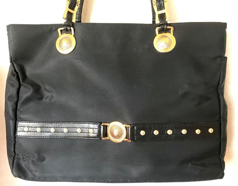 image of Gianni Versace Vintage Large Black Nylon And Leather Combination Tote Bag With Gold Tone Sunburst M