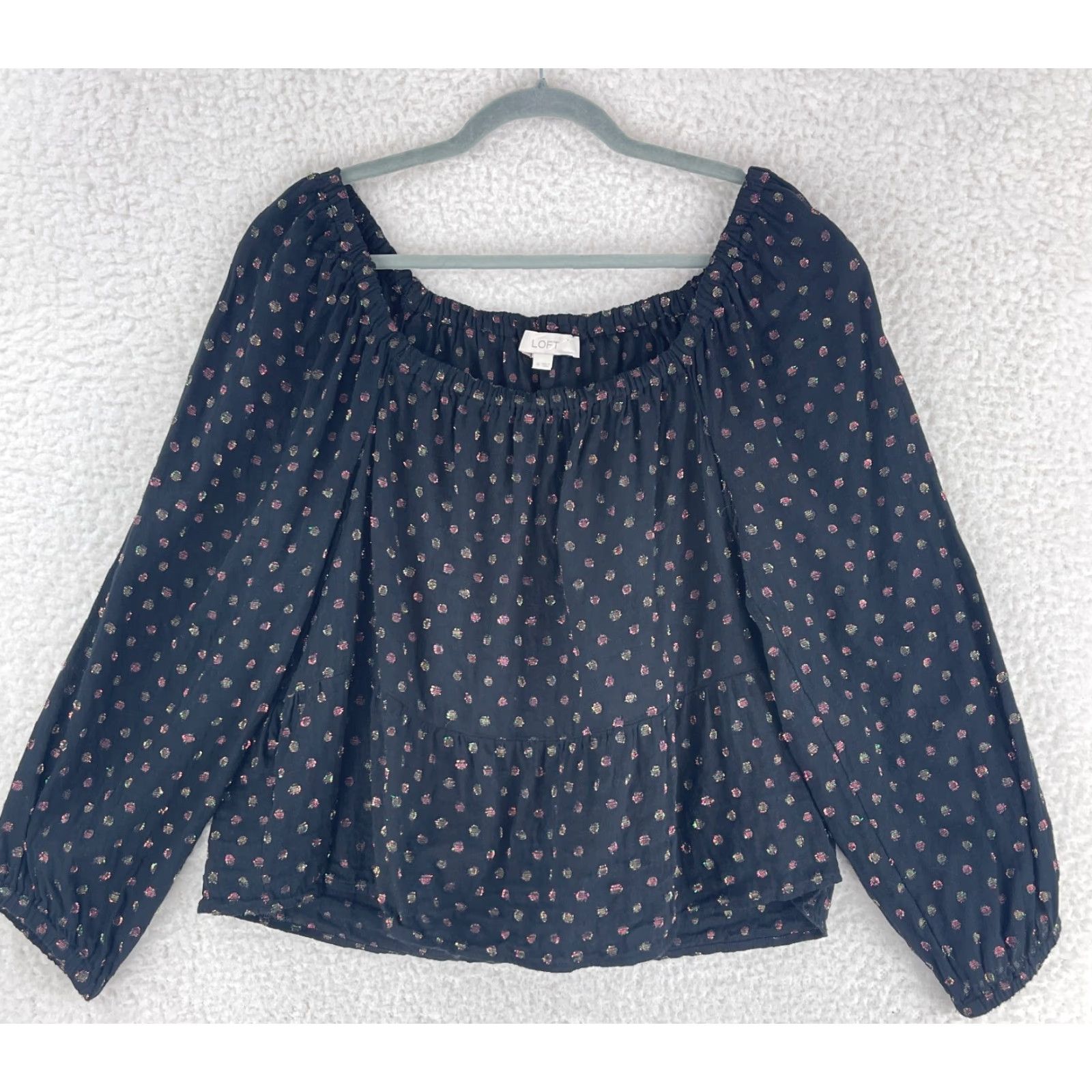 Loft LOFT Black Shimmer Dot Shirt Womens Square Neck Peplum Long Sleeve Medium Casual Size M / US 6-8 / IT 42-44 - 2 Thumbnail