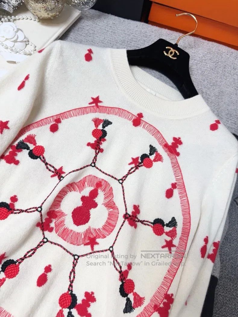 Hermes Hermes Red and White Embroidered Logo Pattern Cashmere Swe Size S / US 4 / IT 40 - 6 Thumbnail