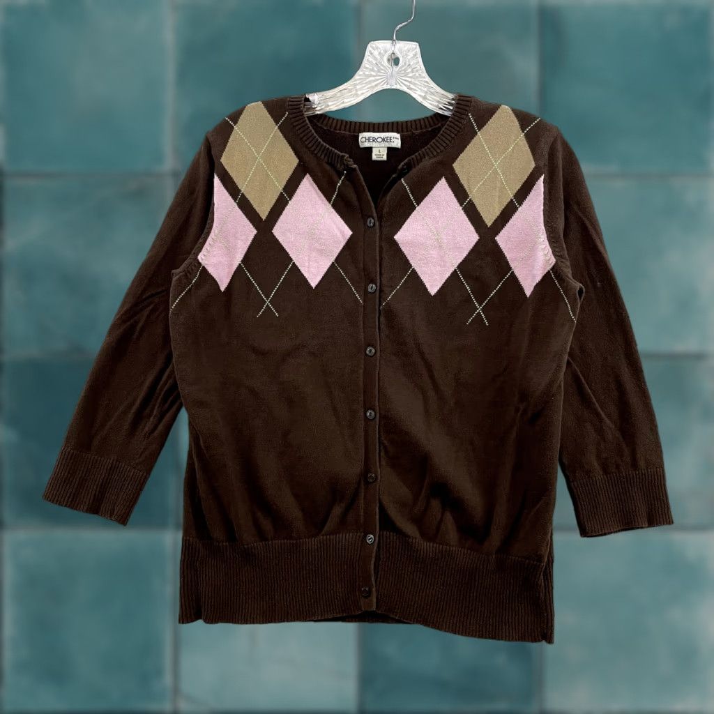 Cherokee VINTAGE Y2K Cardigan Brown Pink Argyle Diamond Preppy Academia Corpcore Large L Womens M/L Cherokee Knit Shirt Size L / US 10 / IT 46 - 1 Thumbnail