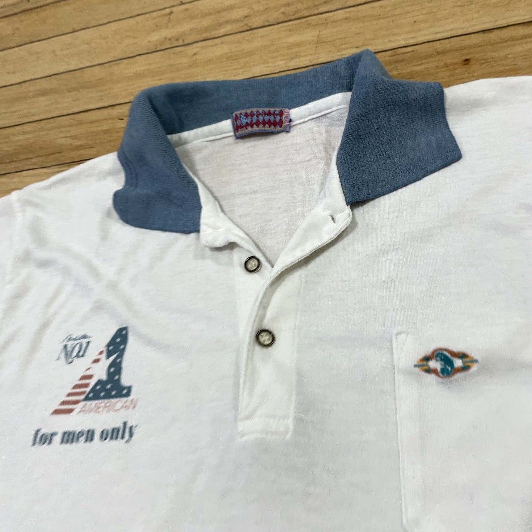 Vintage VINTAGE Polo Shirt Men M American Blue Cotton Blend Knit Button Short Sleeve Collared Geometric Graphic Spellout Classic Stretch Famous 90s? Size US M / EU 48-50 / 2 - 3 Thumbnail