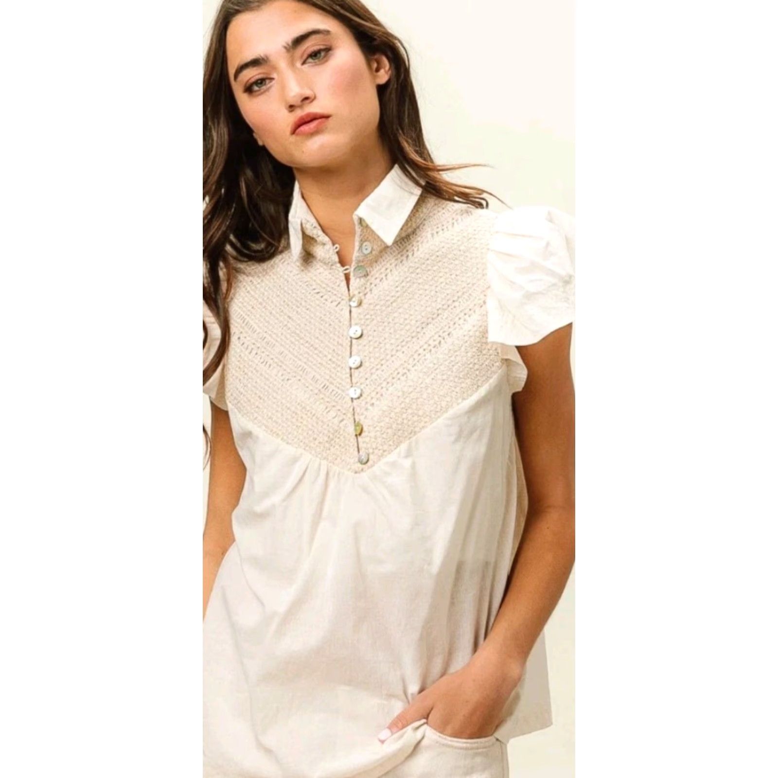 Vintage BiBi Blouse Shirt S Ivory Knit Boho Festival Crochet Smocked Collared Victorian Top Size S / US 4 / IT 40 - 2 Thumbnail
