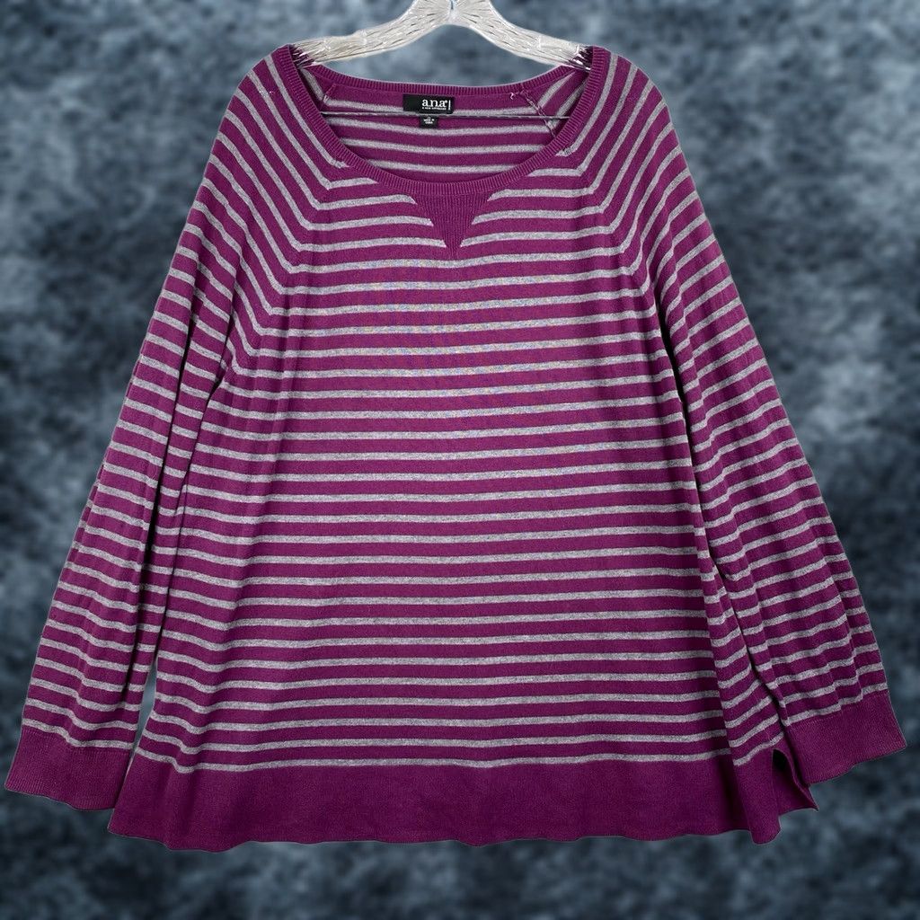 Vintage ANA a.n.a Sweater Top Womens 1X Purple Stripe Long Sleeve Pullover Blouse Size XL / US 12-14 / IT 48-50 - 1 Thumbnail