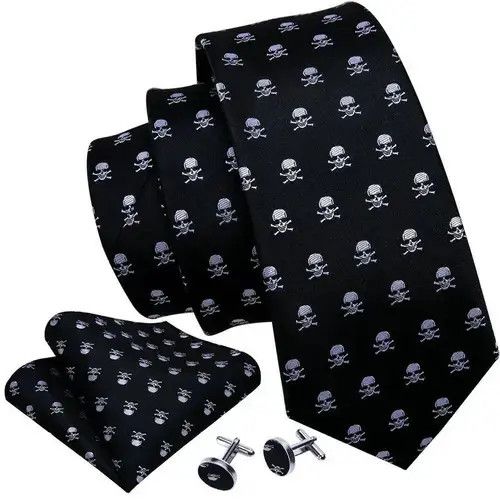 Japanese Brand White Skull Pattern Black Neck Tie Set Mens Size ONE SIZE - 2 Thumbnail