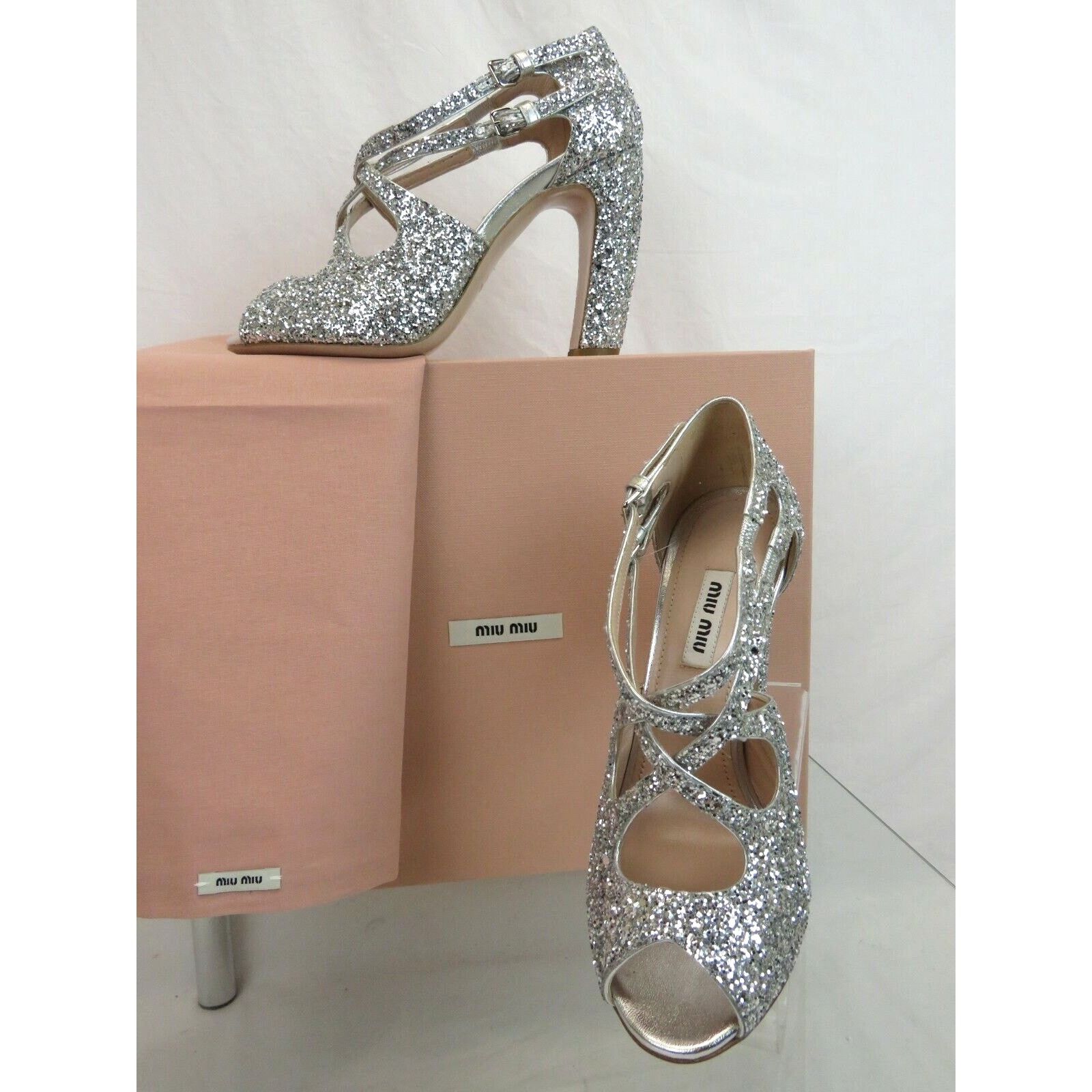 MIU MIU PRADA SILVER GLITTER LEATHER 5K880C BUCKLE PUMPS 36