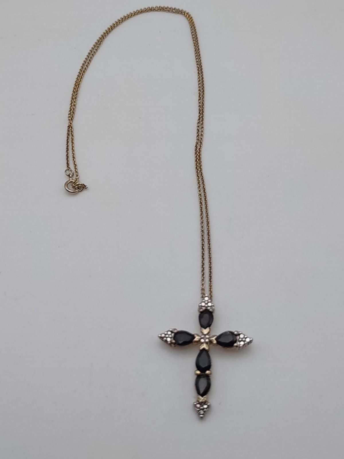 Fashion Victim Sterling Silver Cross Necklace Black Stone Two Tone 925 Size ONE SIZE - 1 Thumbnail