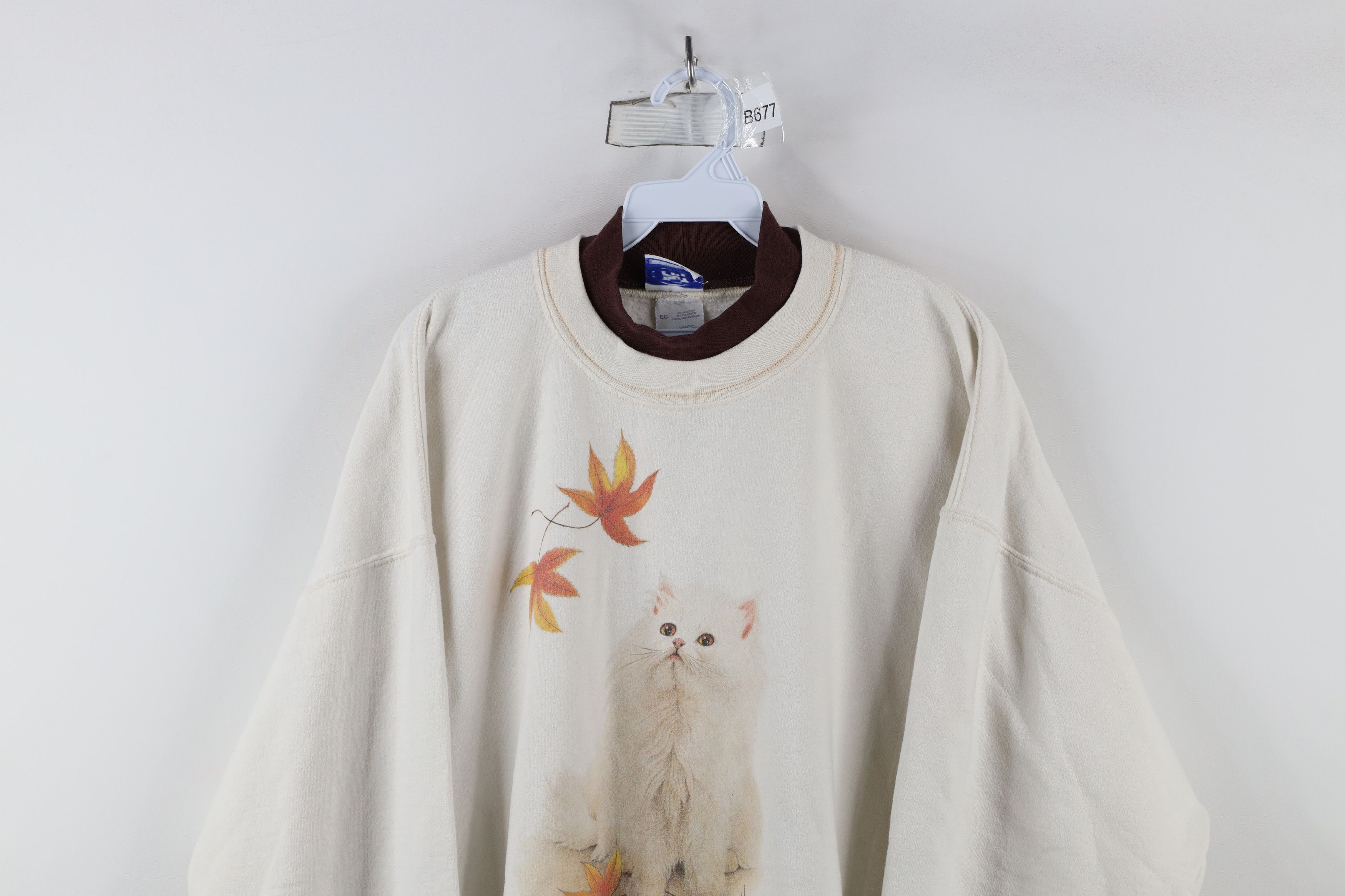 Vintage Vintage 90s Streetwear Kitten Fall Leaves Sweatshirt White Size XL / US 12-14 / IT 48-50 - 2 Thumbnail