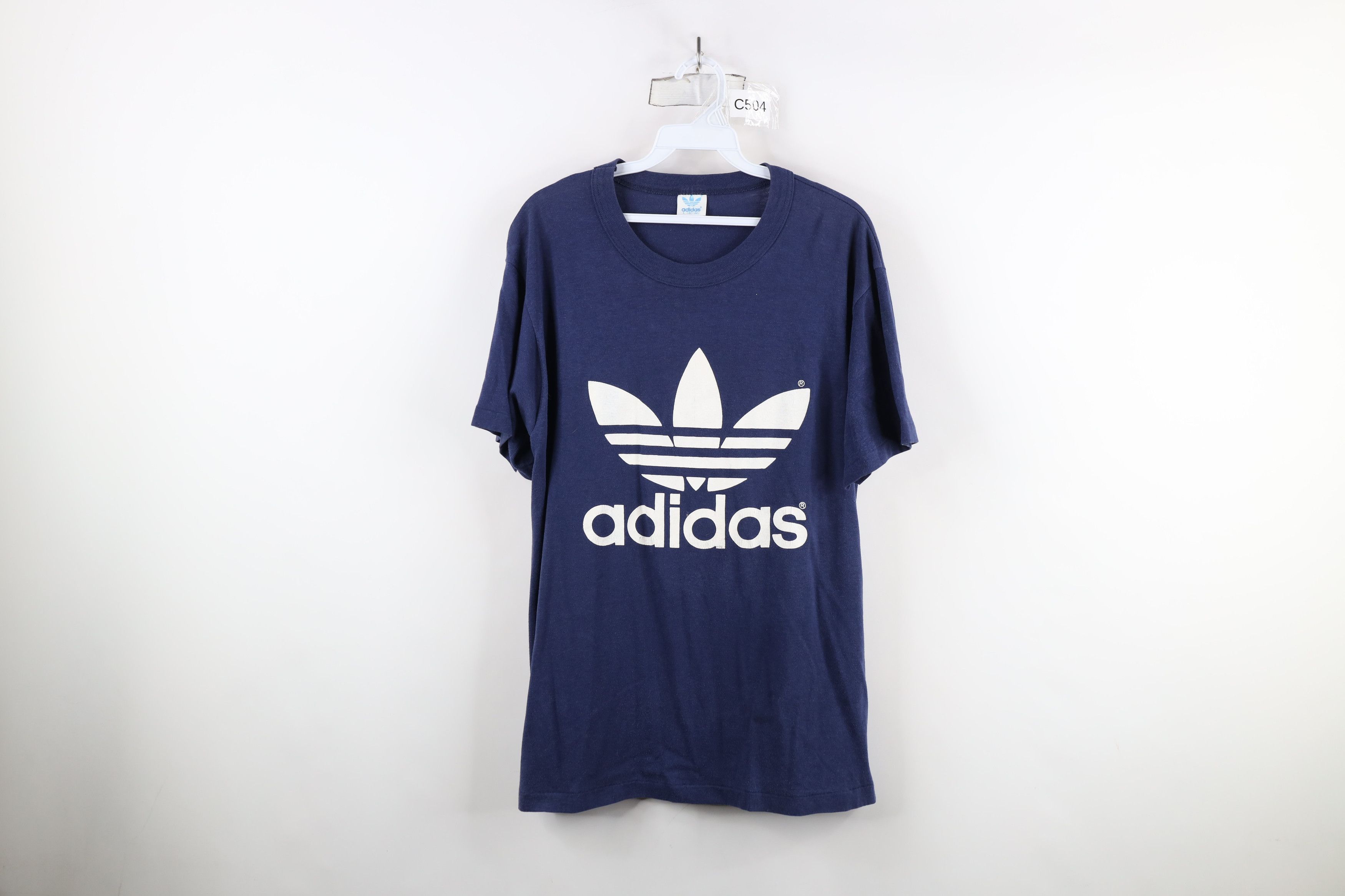 Adidas × Vintage Vintage 70s Adidas Spell Big Logo Trefoil T-Shirt Blue USA Size US L / EU 52-54 / 3 - 1 Thumbnail