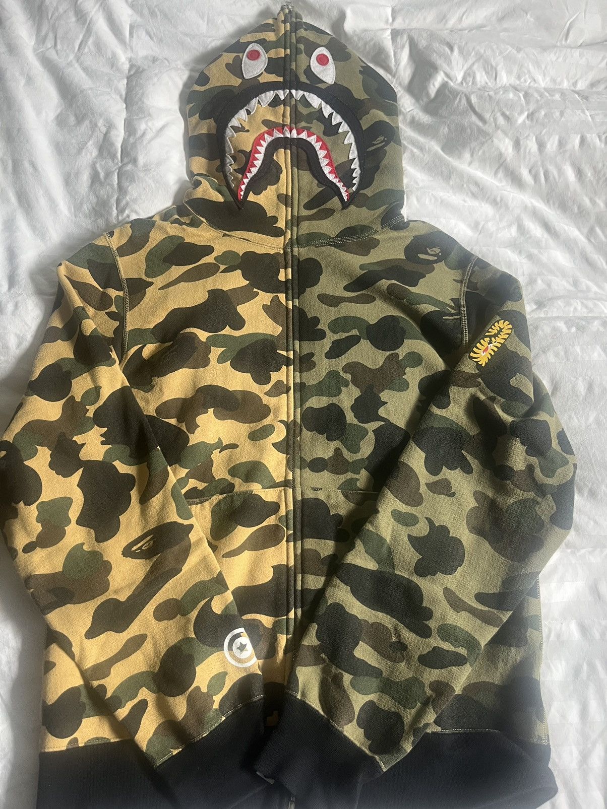 image of Bape 1St Camo Shark Half Full Zip Hoodie in Green, Men's (Size Large)