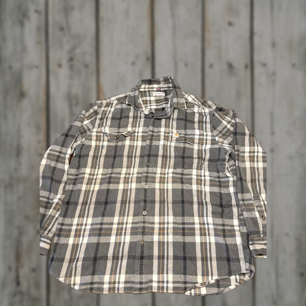 Carhartt Carhartt Flannel Shirt Plaid Double Pocket Gray White Yellow XL Mens Regular Long Sleeve Button-Up Casual Workwear Outdoor Logo Size US XL / EU 56 / 4 - 1 Thumbnail