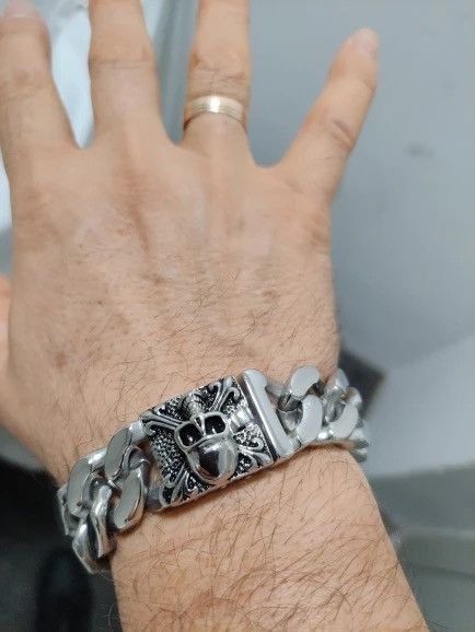 Retro Silver & Black Skull Link Cuban Chain Necklace For Men - 316L Stainless Steel, Biker Rocker Style