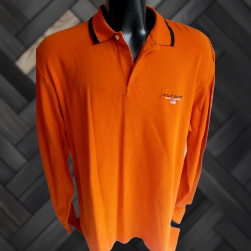 Vintage Polo Sport LS Polo/Rugby Shirt Orange XL Men's Polo Sport Embroidered Spellout Left Breast with Flag 100% Cotton Size US XL / EU 56 / 4 - 1 Thumbnail