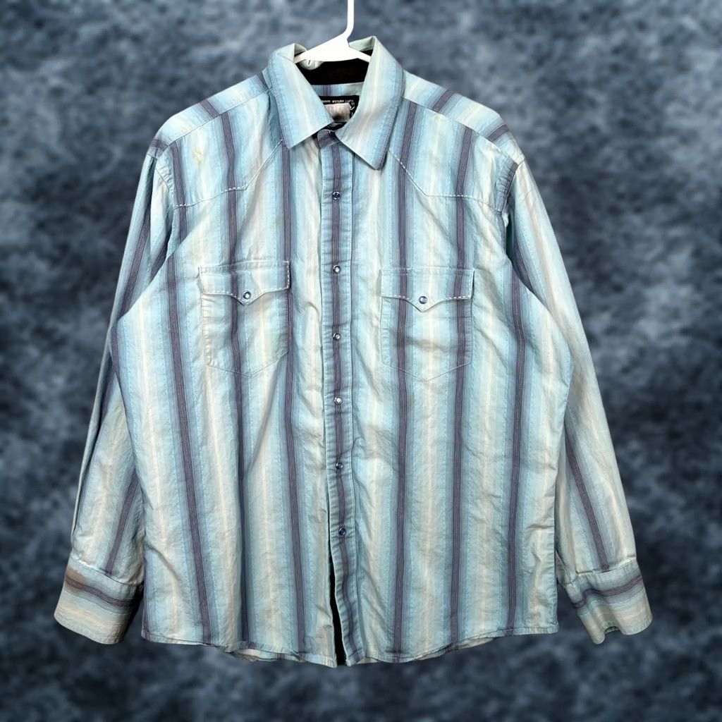 Wrangler Wrangler Mens Large Western Striped Long-Sleeve Shirt Blue & White Snap Button Shirt Mens L Blue Striped Western Wrangler Shirt Size US L / EU 52-54 / 3 - 1 Thumbnail