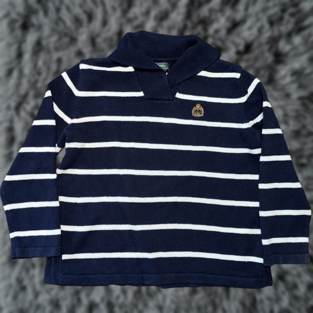 Ralph Lauren VINTAGE Lauren Ralph Lauren Mens Blue White Striped Shawl Neck Sweater XL Crest Logo Size US XL / EU 56 / 4 - 1 Thumbnail