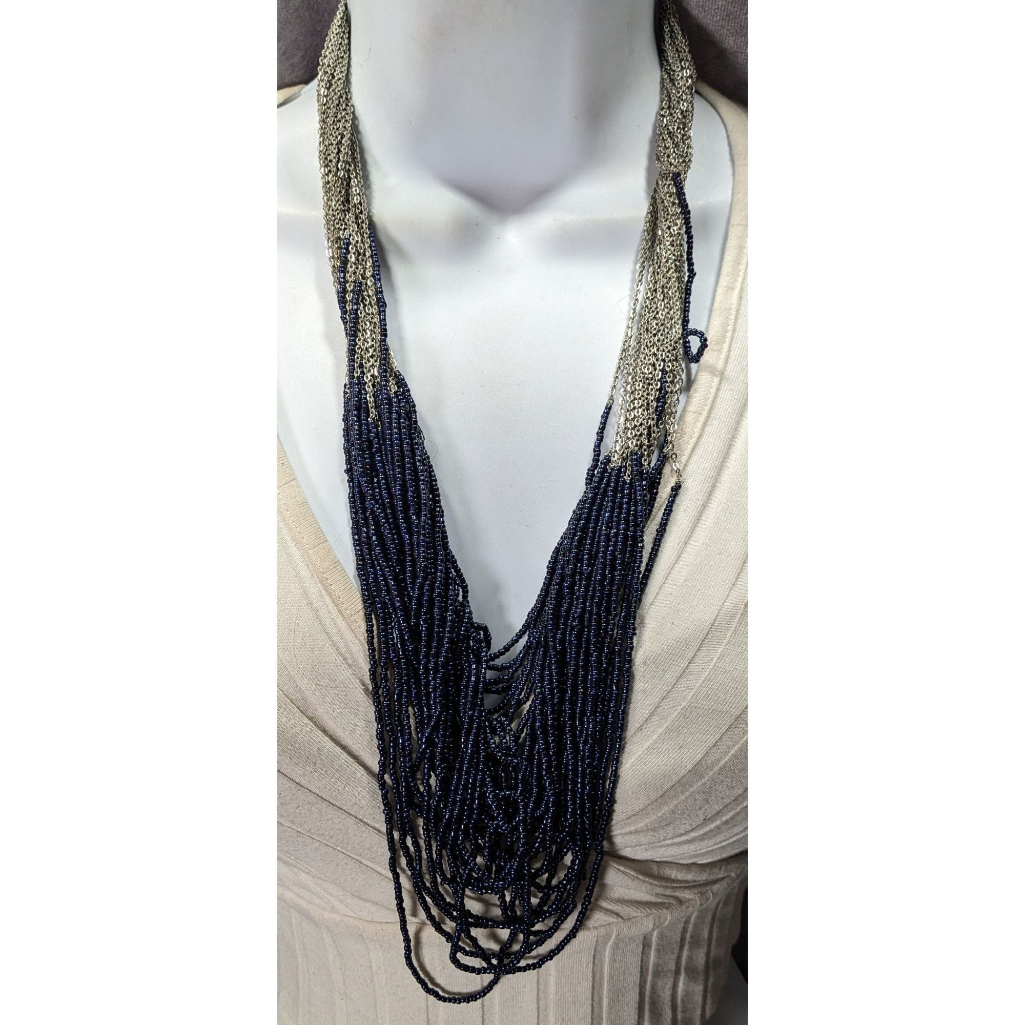 Other Elegant Multi-Strand Navy Bead & Silver Chain Statement Neck Size ONE SIZE - 2 Thumbnail