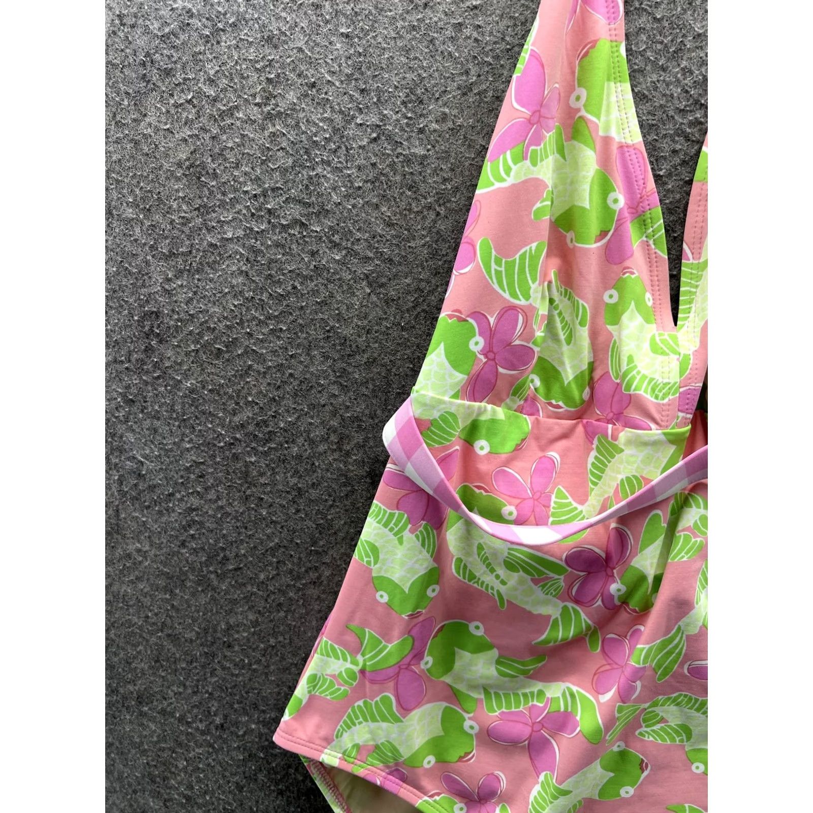Vintage Loo+ One Piece Swimsuit Womens 12 Pink Tropical Fish Halter Belted Floral Swim Size ONE SIZE - 6 Thumbnail