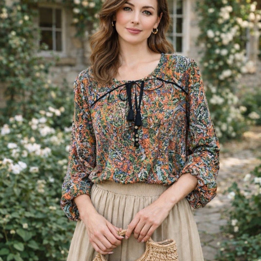 Anthropologie Edme & Esyllte Niya Blouse Sz 12 Paisley Boho Anthropologie Chiffon Keyhole Top Shirt Womens Regular Multicolor Puff Sleeve Blouse Size XL / US 12-14 / IT 48-50 - 2 Thumbnail