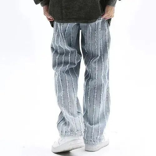 Japanese Brand Unisex Striped Frayed Ripped Tassel Jeans Pants Size US 33 - 3 Thumbnail