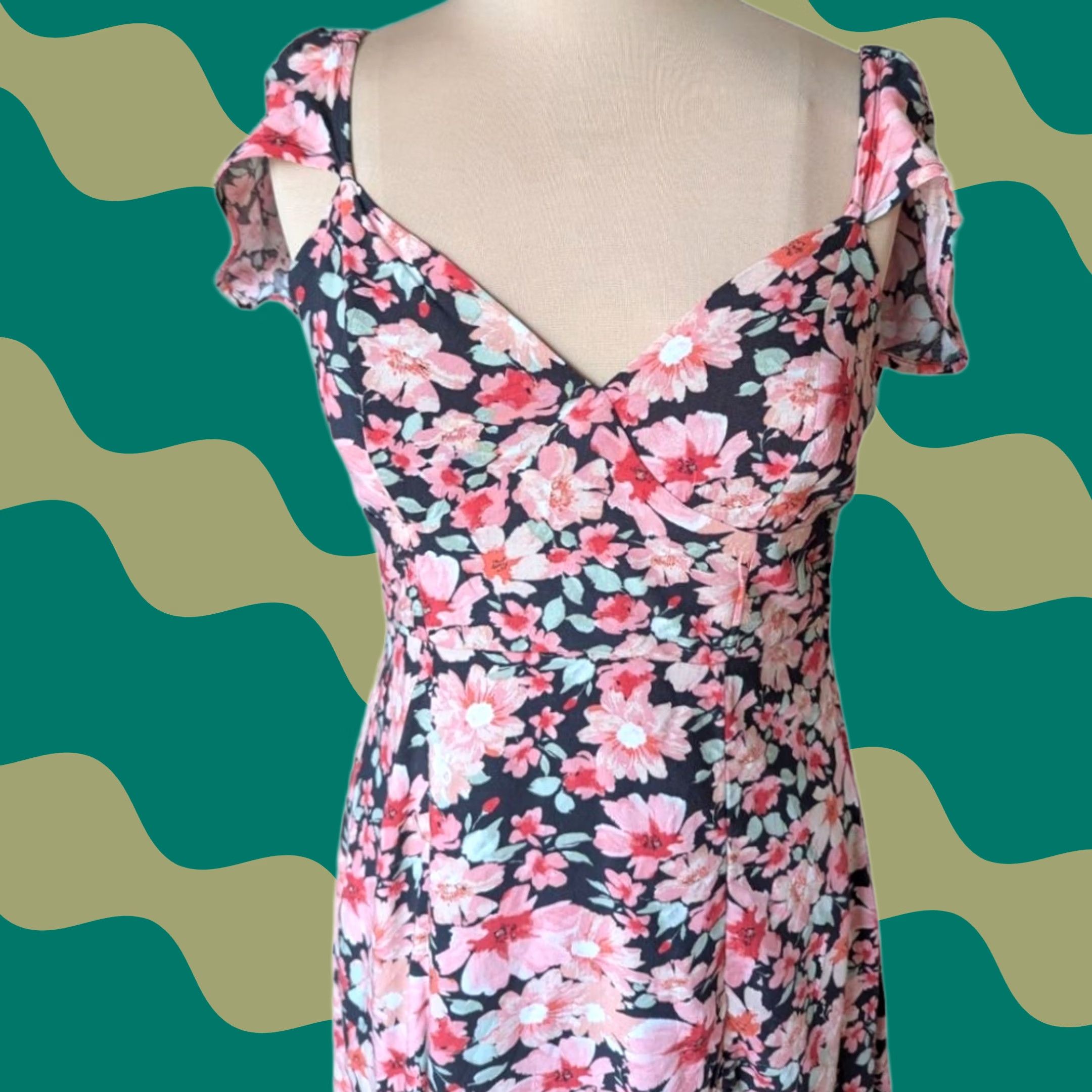 Vintage Floral Black Pink Hi Lo Midi Dress Lace Up Back Flutter Sleeve Sz L Whimsigoth Size L / US 10 / IT 46 - 1 Thumbnail