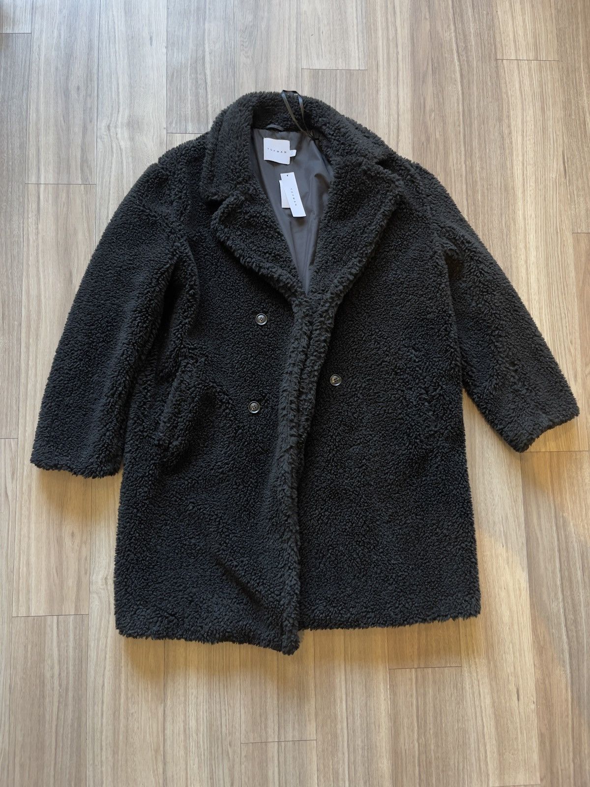 image of Topman Borg Teddy Double Breasted Coat Black, Men's (Size 2XL)