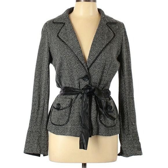 Gerard Darel Wool Blazer Sz 42 Faux Leather Trim Belted Butt