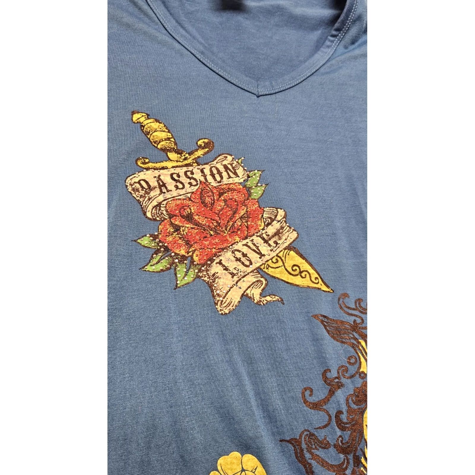 Ed Hardy Ed Hardy Blue Tattoo Dagger Dragon Passion Love V-Neck Tunic Dress L Womens Short Sleeve Tattoo Graphic 2000s Y2K Chrome Rhinestone Logo Vintage No Size L / US 10 / IT 46 - 5 Thumbnail