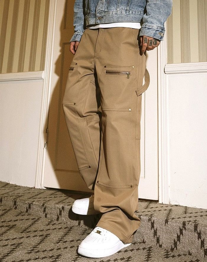 image of Vintage Retro Y2K Skate Loose Fit Front Zip Carpenter Pants in Camel, Men's (Size 34)