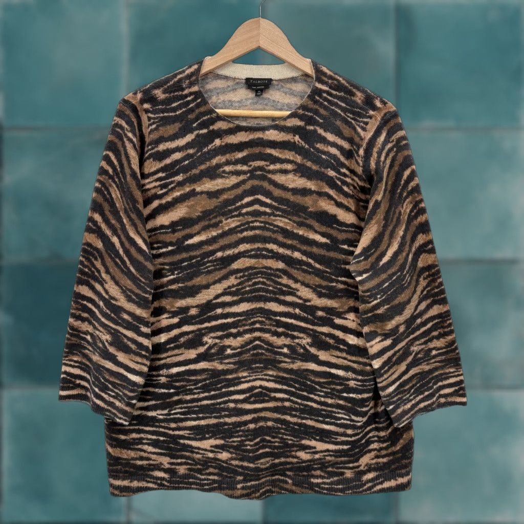 Talbots Talbots Sweater Womens XL Brown Black Tiger Print 100% Cashmere Crew Pullover Size XL / US 12-14 / IT 48-50 - 1 Thumbnail