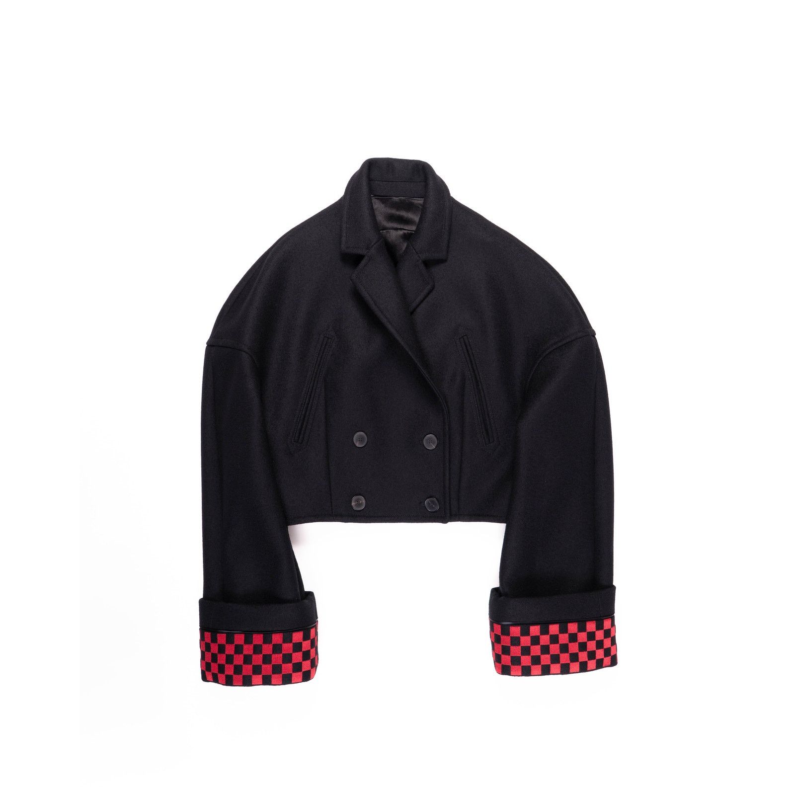 Haider Ackermann FW19 Cropped Overcoat in Black Wool with Checked Embroidery Size M / US 6-8 / IT 42-44 - 1 Thumbnail