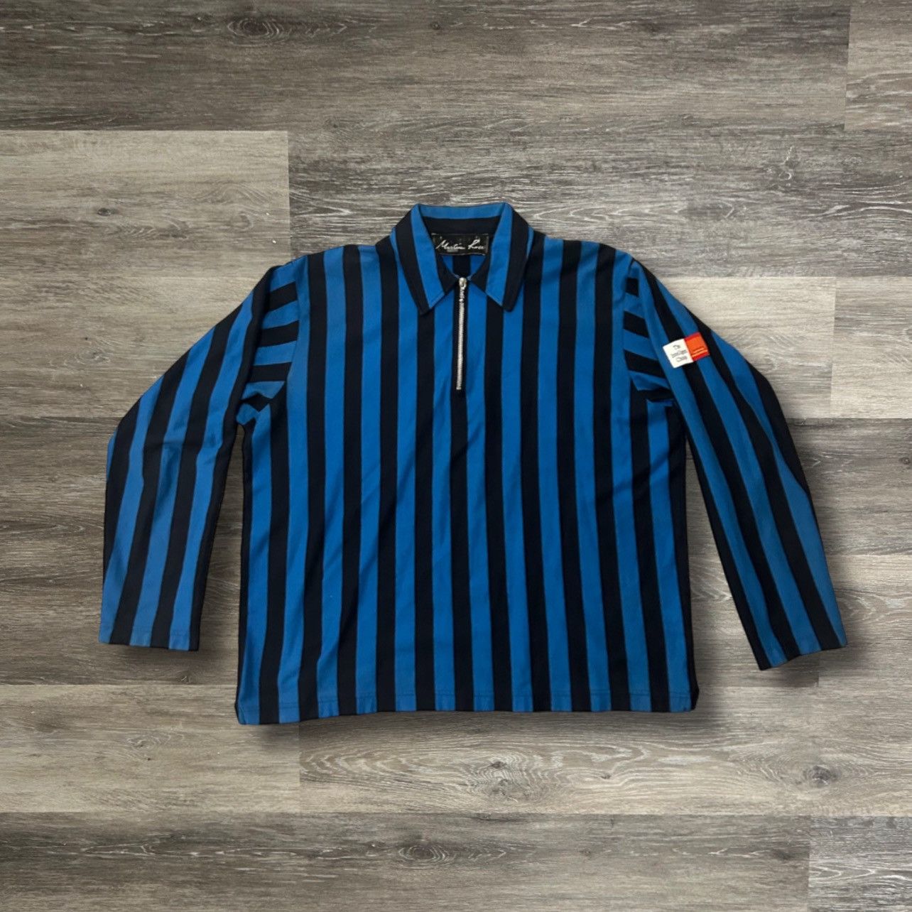 Martine Rose SS19 Blue Black Half Zip L/S Stripe Polo
