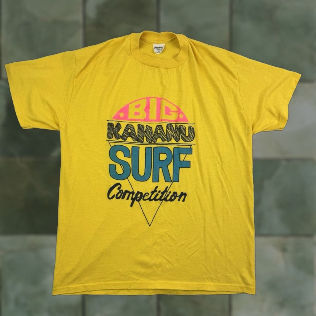 Vintage VINTAGE Stedman T-Shirt Surf Competition 80s Yellow XL Men Short Sleeve Crew Neck Beach Ocean USA Mens XL Surfing T-Shirt Size US XL / EU 56 / 4 - 1 Thumbnail