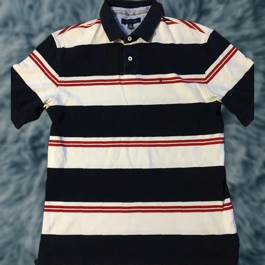 Tommy Hilfiger VINTAGE Tommy Hilfiger Striped Polo Shirt XL White/Blue/Red Men Short Sleeve USA 90s Nautical Polo Shirt Mens Size US XL / EU 56 / 4 - 1 Thumbnail