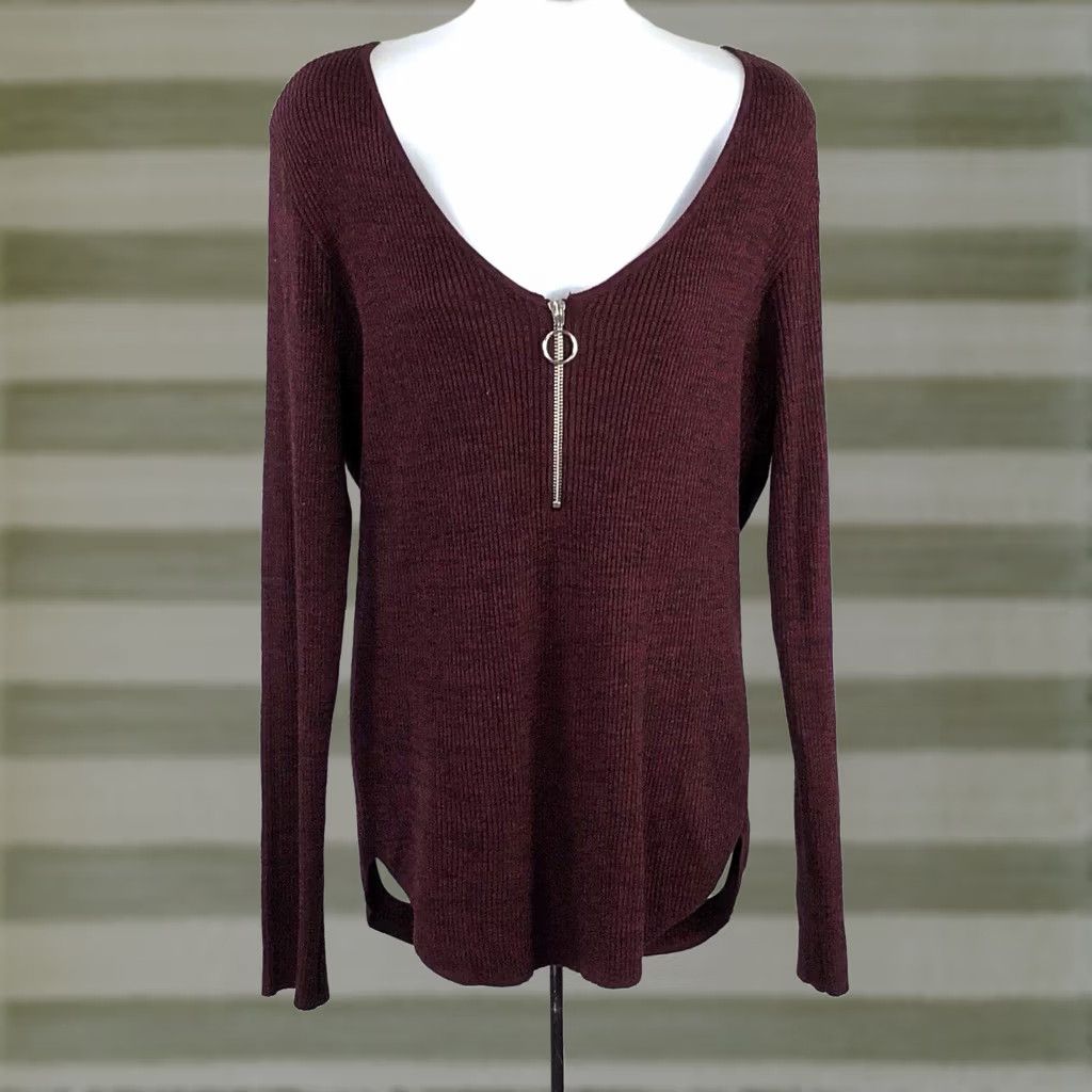 Vintage NoBo Sweater 3XL Burgundy Scoop Zipper Neck Jersey Ribbed Knit Cottage Size XXL / US 16-18 / IT 52-54 - 1 Thumbnail