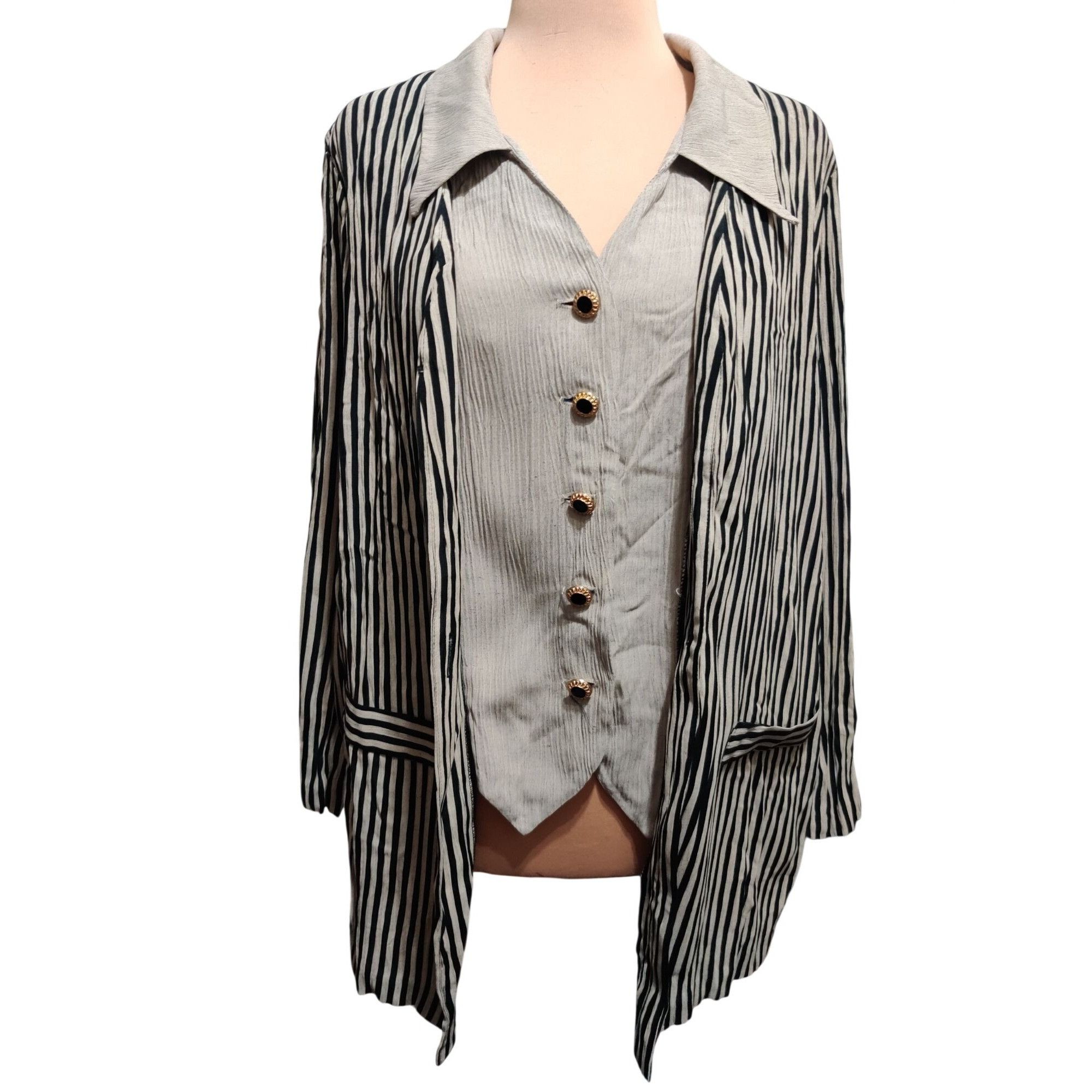 Vintage Vintage Dress Savvy NY 14 Black Beige Striped Blazer Vest Co Size XL / US 12-14 / IT 48-50 - 2 Thumbnail