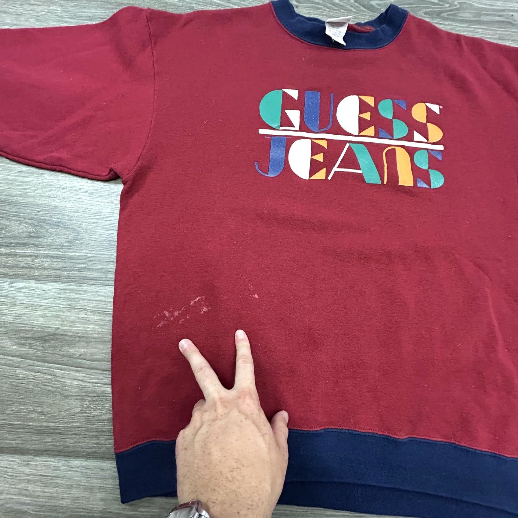 Guess VINTAGE GUESS Sweatshirt Mens Large Burgundy Crewneck Made in USA 90s Graphic Print Logo Pullover Knit Cotton Red Reg Mens Size US L / EU 52-54 / 3 - 7 Thumbnail