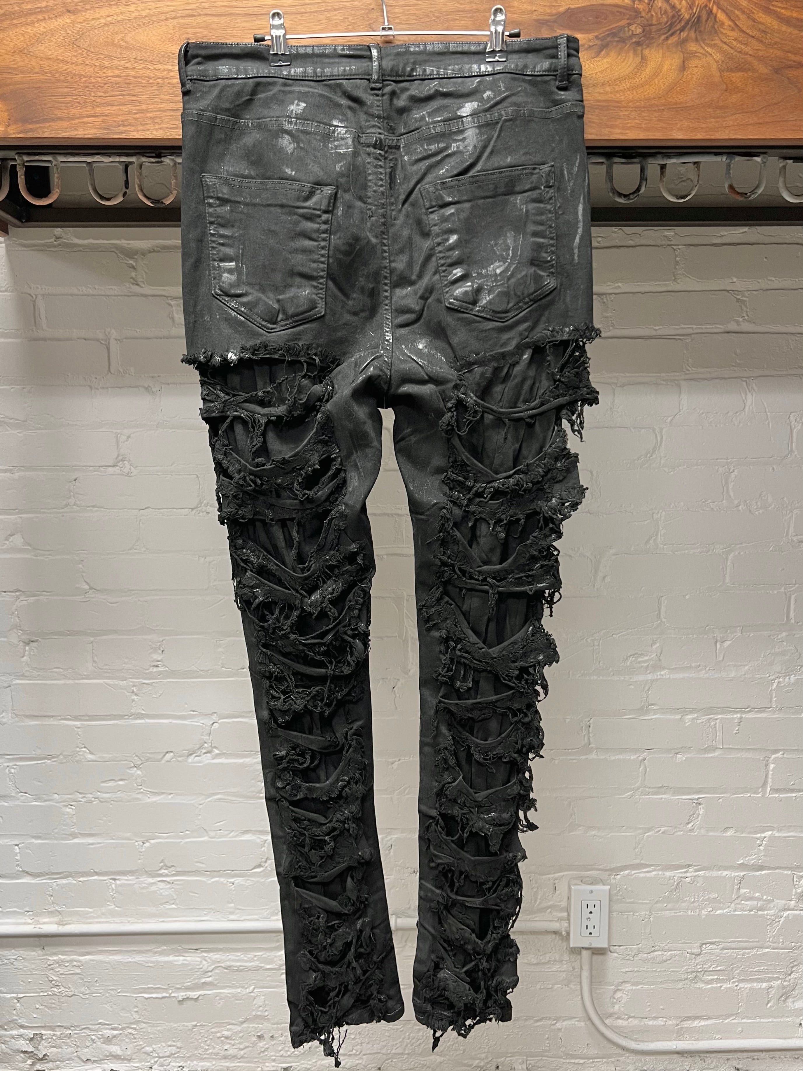 Rick Owens Rick Owens DRKSHDW ‘Detroit Cut’ Waxed Black Slashed Distressed Denim Size US 34 / EU 50 - 4 Thumbnail