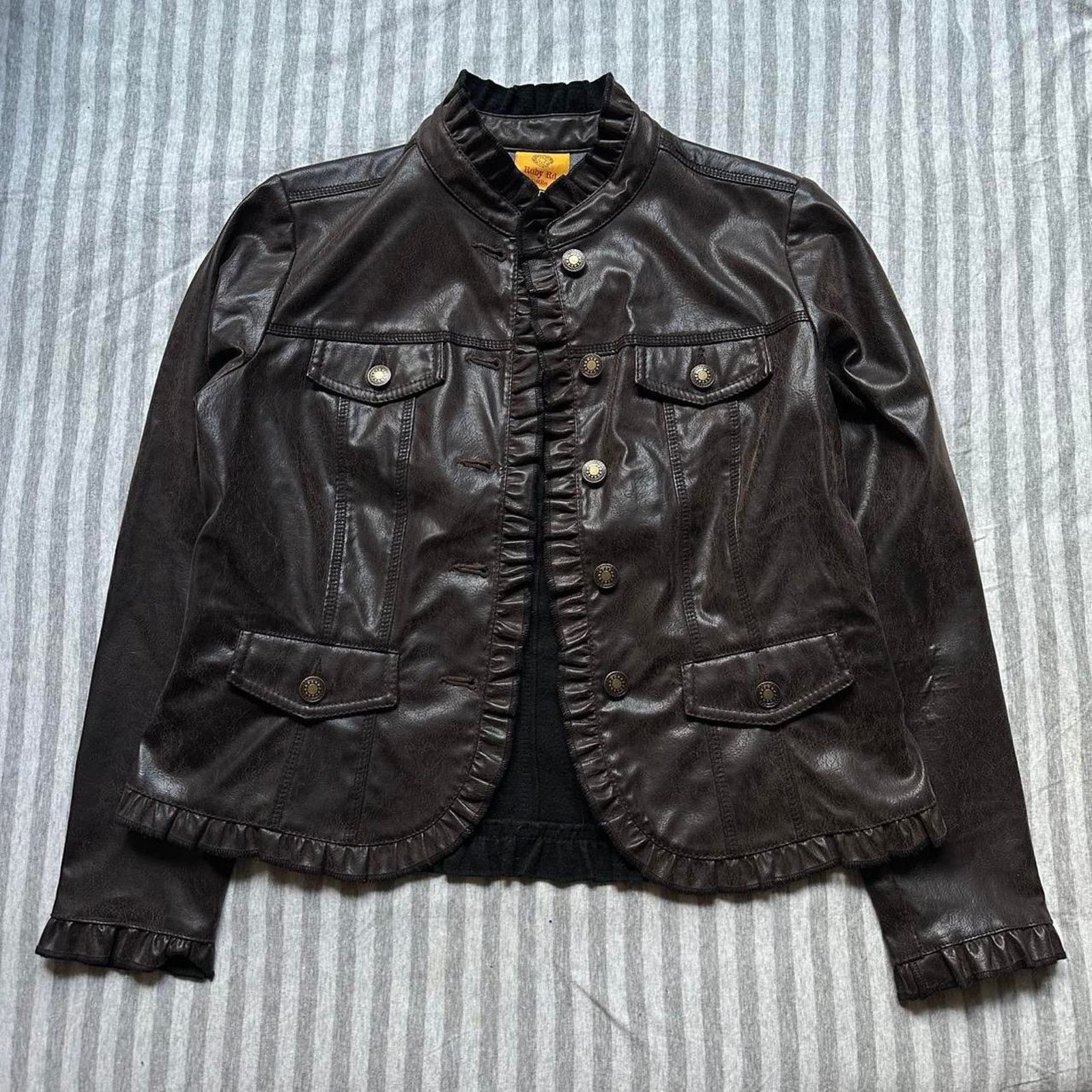Vintage Vintage Y2K Ruffle Faux Leather Brown Tight Crop Jacket Size S / US 4 / IT 40 - 2 Thumbnail
