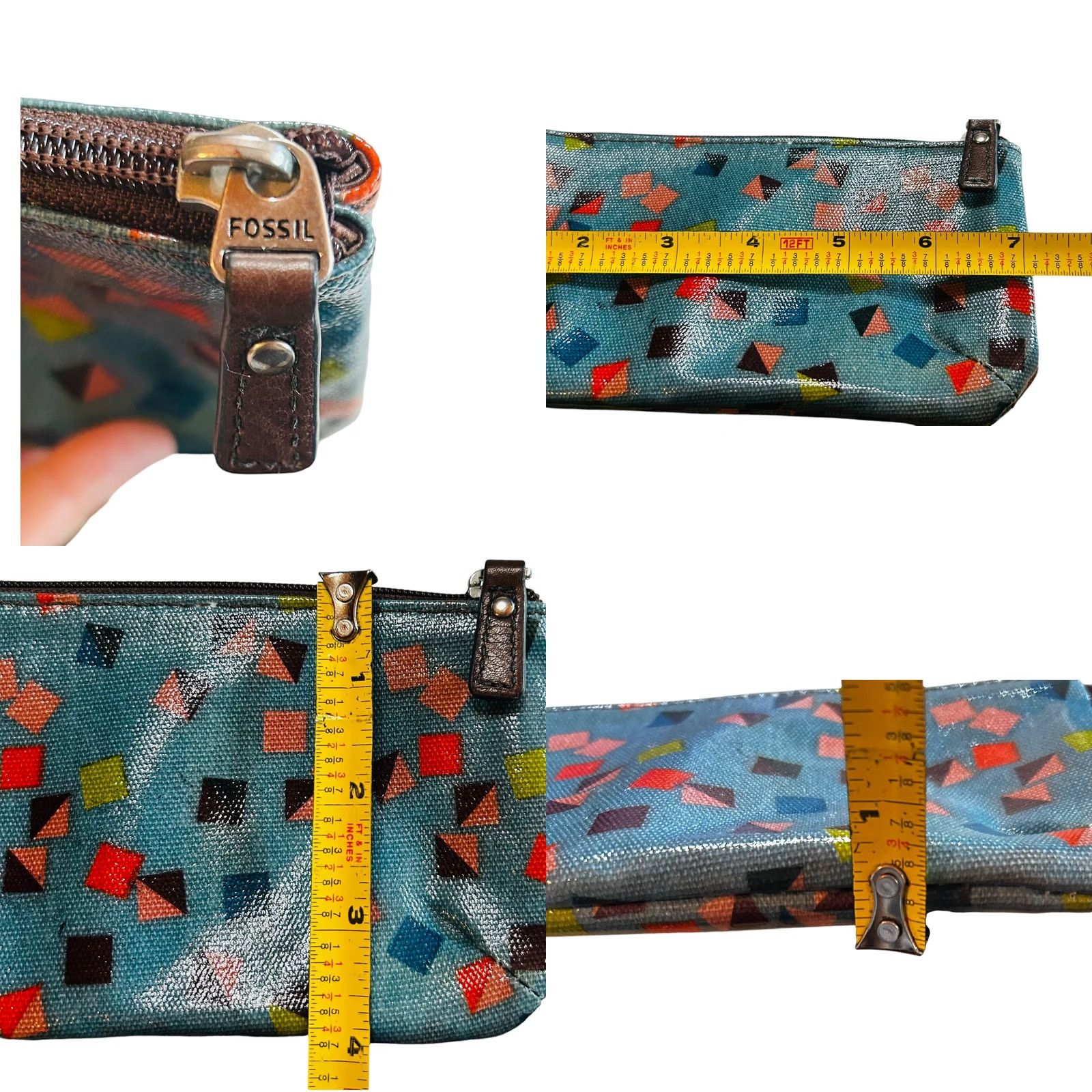 Fossil Fossil Blue Geometric Leather Pouch Wallet Women's Credit Card Holder Full Zip Size ONE SIZE - 9 Thumbnail