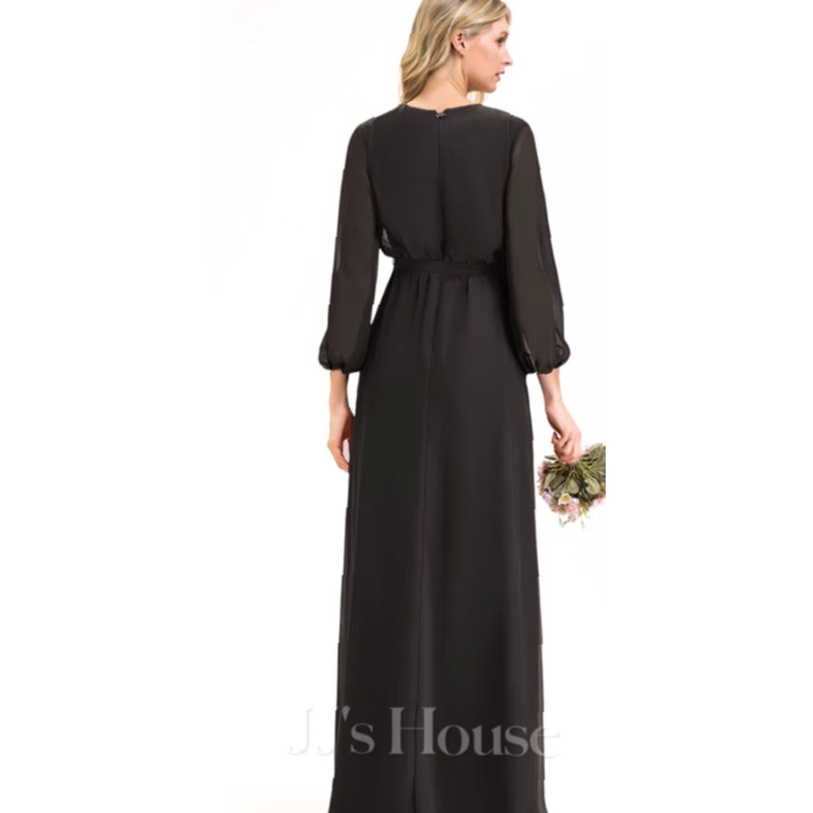Vintage JJ’s House A-Line V-Neck Maxi Chiffon Bridesmaid Dress Black Bow Pleated Sz 4 Womens Size ONE SIZE - 4 Thumbnail