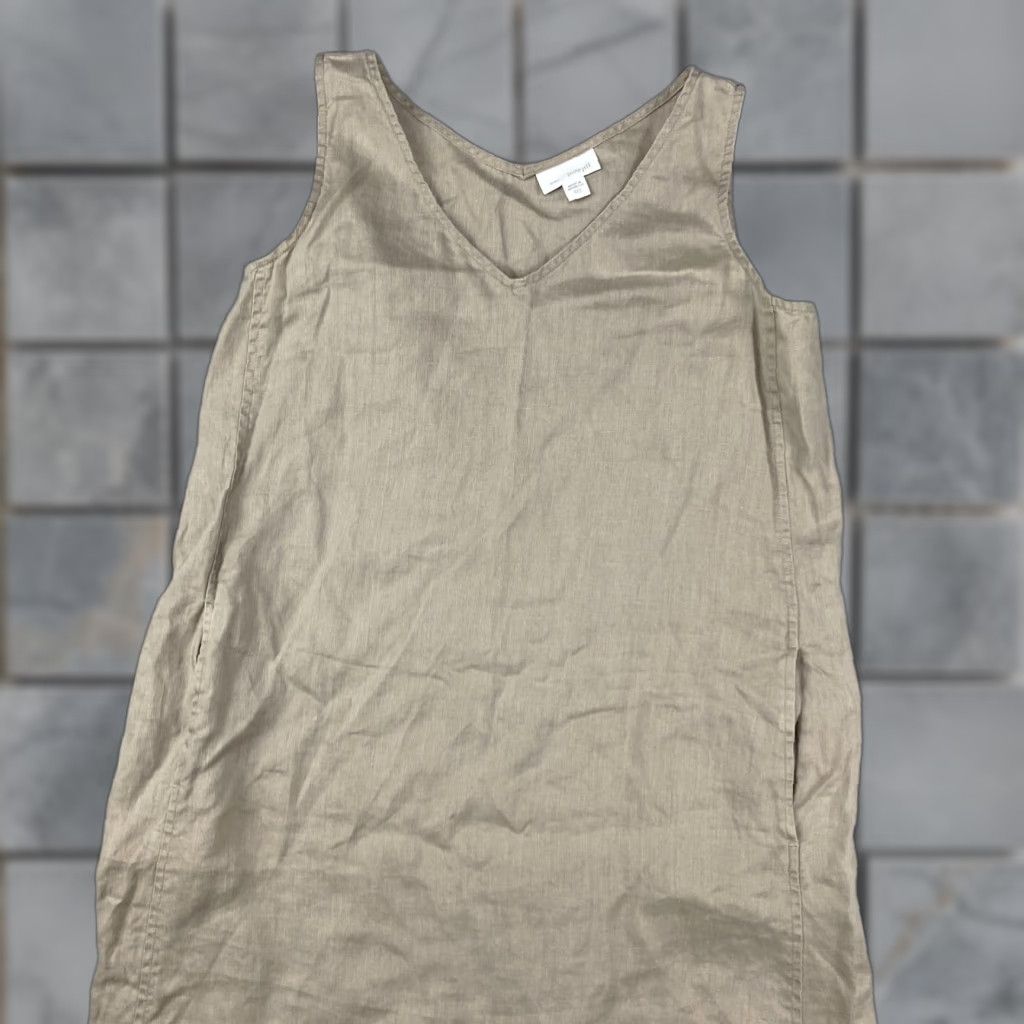 Vintage VINTAGE? No — Pure Jill Linen Dress Womens 2XS Khaki Shift Sleeveless V-Neck Asymmetric Hem Dress Size XXS / US 00 / IT 34 - 1 Thumbnail
