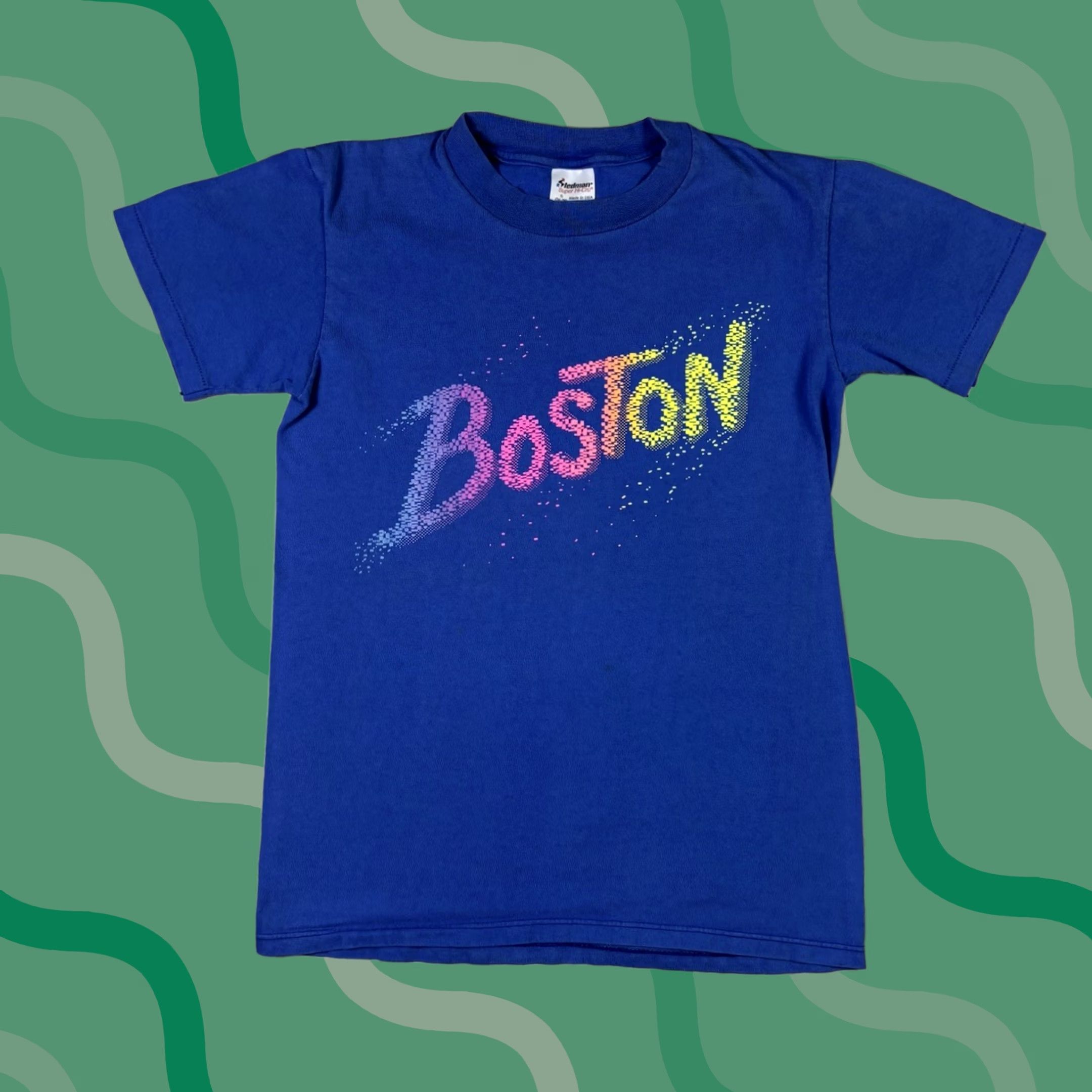 Spell VINTAGE Boston T Shirt Blue Single Stitch Spell Out size Small 90s USA Shirt Mens S Short Sleeve Crew Neck Cotton Graphic Print USA Stitch 90s Vintage Size US S / EU 44-46 / 1 - 1 Thumbnail